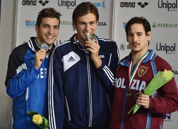 Il podio degli 800 sl: da sx Gabriele Detti, Gregorio Paltrinieri e Federico Vanelli