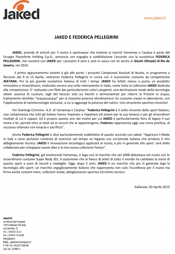 Comunicato Stampa Federica Pellegrini e Jaked