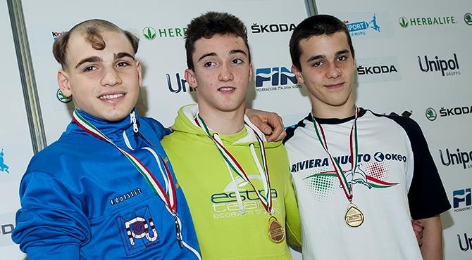 Il podio dei 200 farfalla Ragazzi 2001