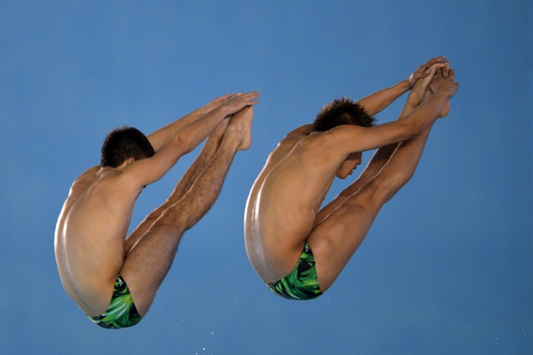 GUADALAJARA, MEXICO - MAY 17: German Sanchez and Ivan Garcia from Mexico during the Men's 10 meters Platform Synchronized Finals of the FINA MIDEA Diving World Series 2013 at Pan American Aquatic Center on May 17, 2013 in Guadalajara, Mexico. (Photo by Hector Vivas/LatinContent/Getty Images)